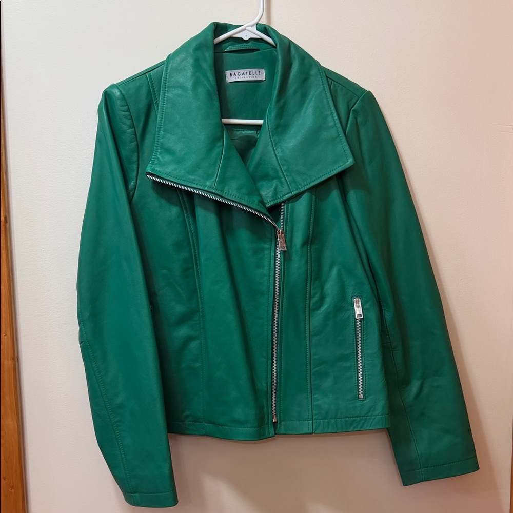 Bagatelle Collection Emerald Green Leather Moto Jacket. Size M